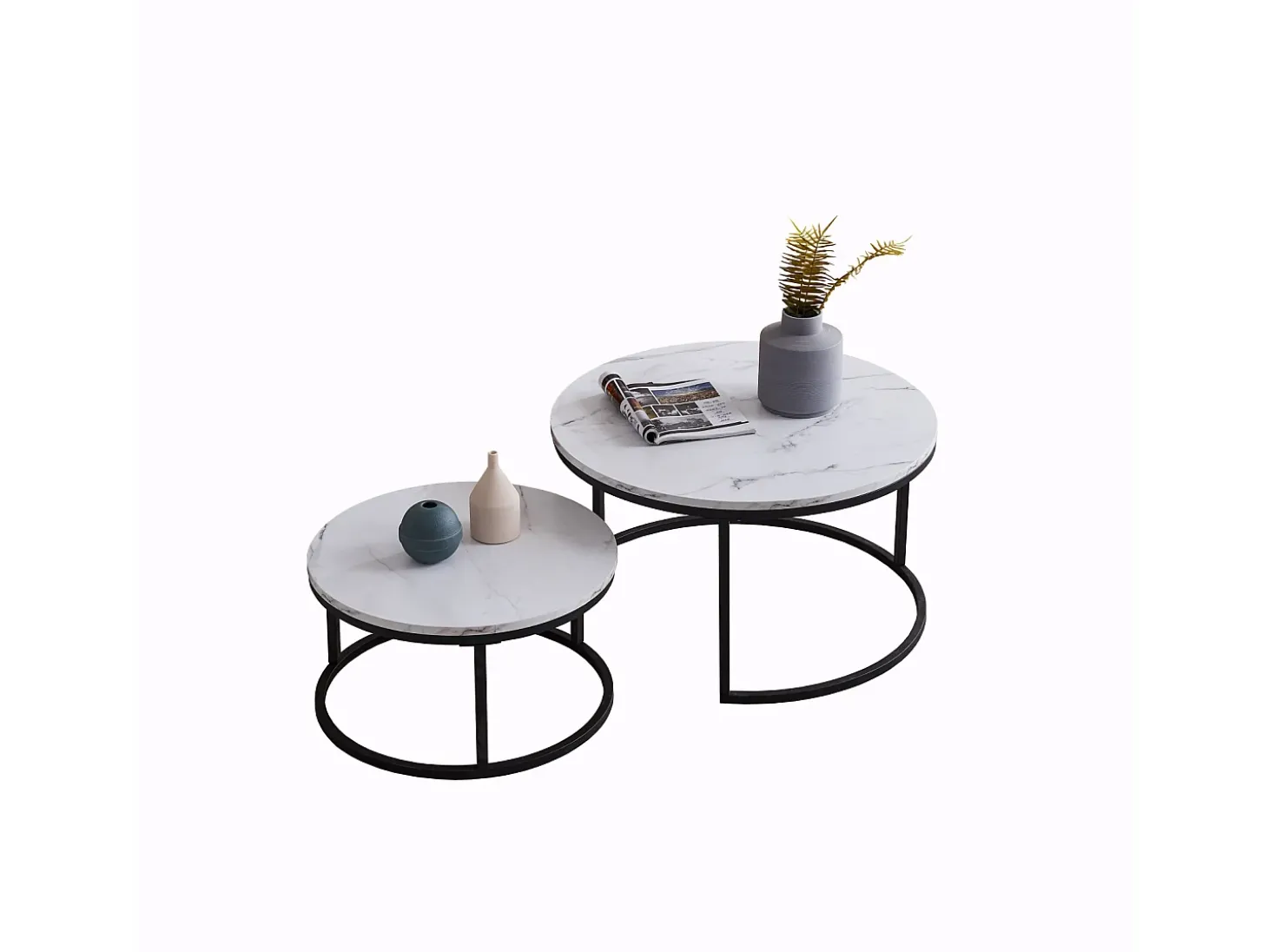 Conjunto de 2 mesas de centro modernas, empilháveis, estrutura em metal preto, tampo em mármore - 80 cm