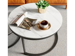 Conjunto de 2 mesas de centro modernas, empilháveis, estrutura em metal preto, tampo em mármore - 80 cm