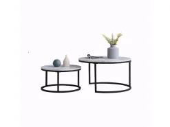 Conjunto de 2 mesas de centro modernas, empilháveis, estrutura em metal preto, tampo em mármore - 80 cm