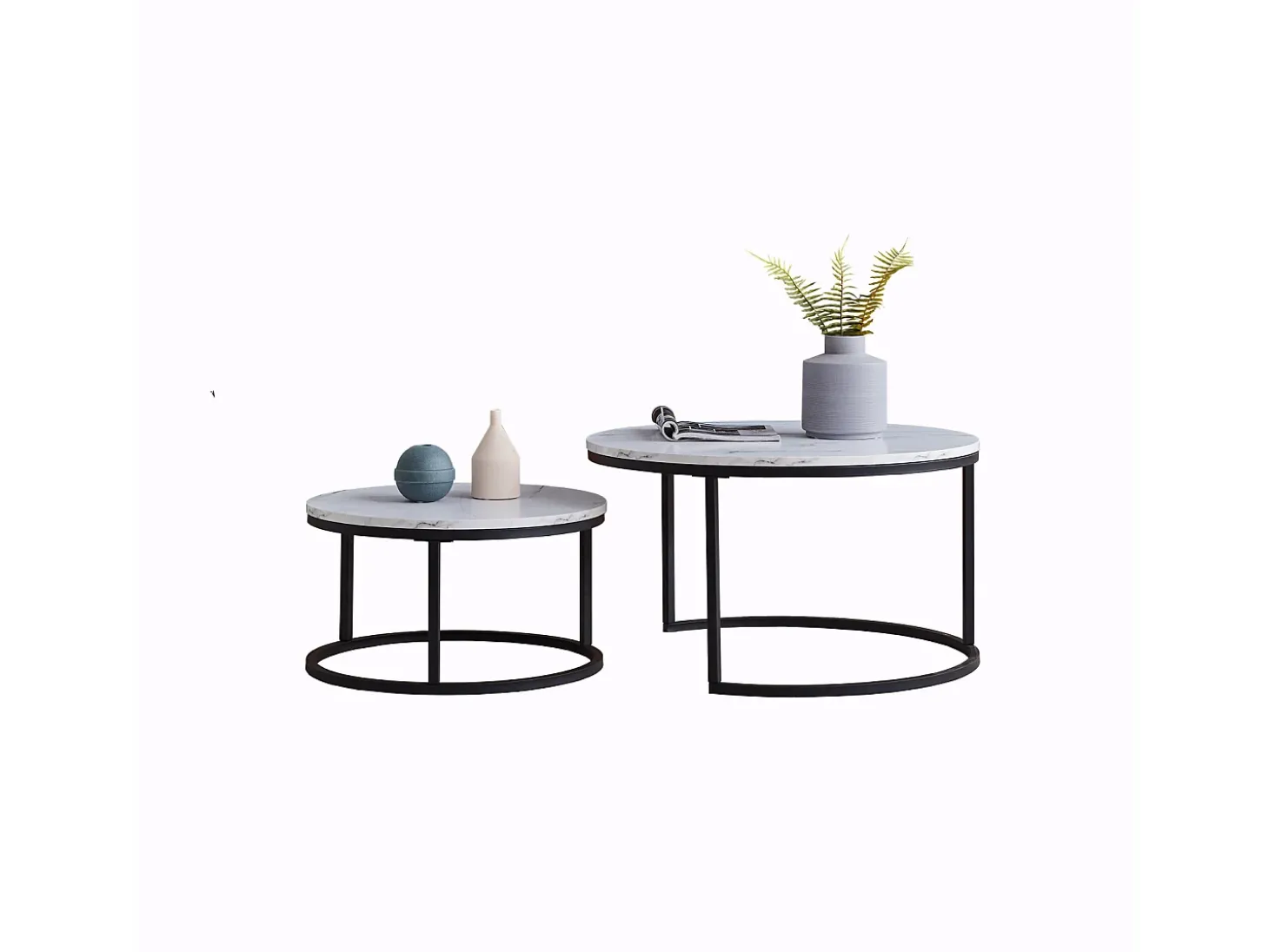 Conjunto de 2 mesas de centro modernas, empilháveis, estrutura em metal preto, tampo em mármore - 80 cm