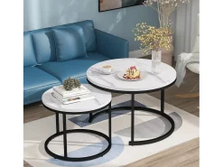 Conjunto de 2 mesas de centro redondas encaixáveis ​​com acabamento em folheado de mármore branco e estrutura em metal preto.