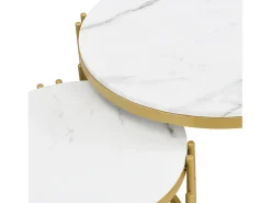 Conjunto de 2 mesas de centro e mesas laterais modernas brancas com estrutura de metal dourado.