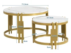 Conjunto de 2 mesas de centro e mesas laterais modernas brancas com estrutura de metal dourado.