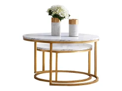 Conjunto de 2 mesas de centro encaixáveis - mármore branco e metal dourado, mesa lateral moderna, para sala de estar e quarto