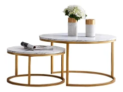 Conjunto de 2 mesas de centro encaixáveis - mármore branco e metal dourado, mesa lateral moderna, para sala de estar e quarto