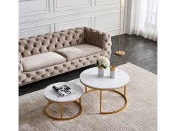 Conjunto de 2 mesas de centro encaixáveis - mármore branco e metal dourado, mesa lateral moderna, para sala de estar e quarto