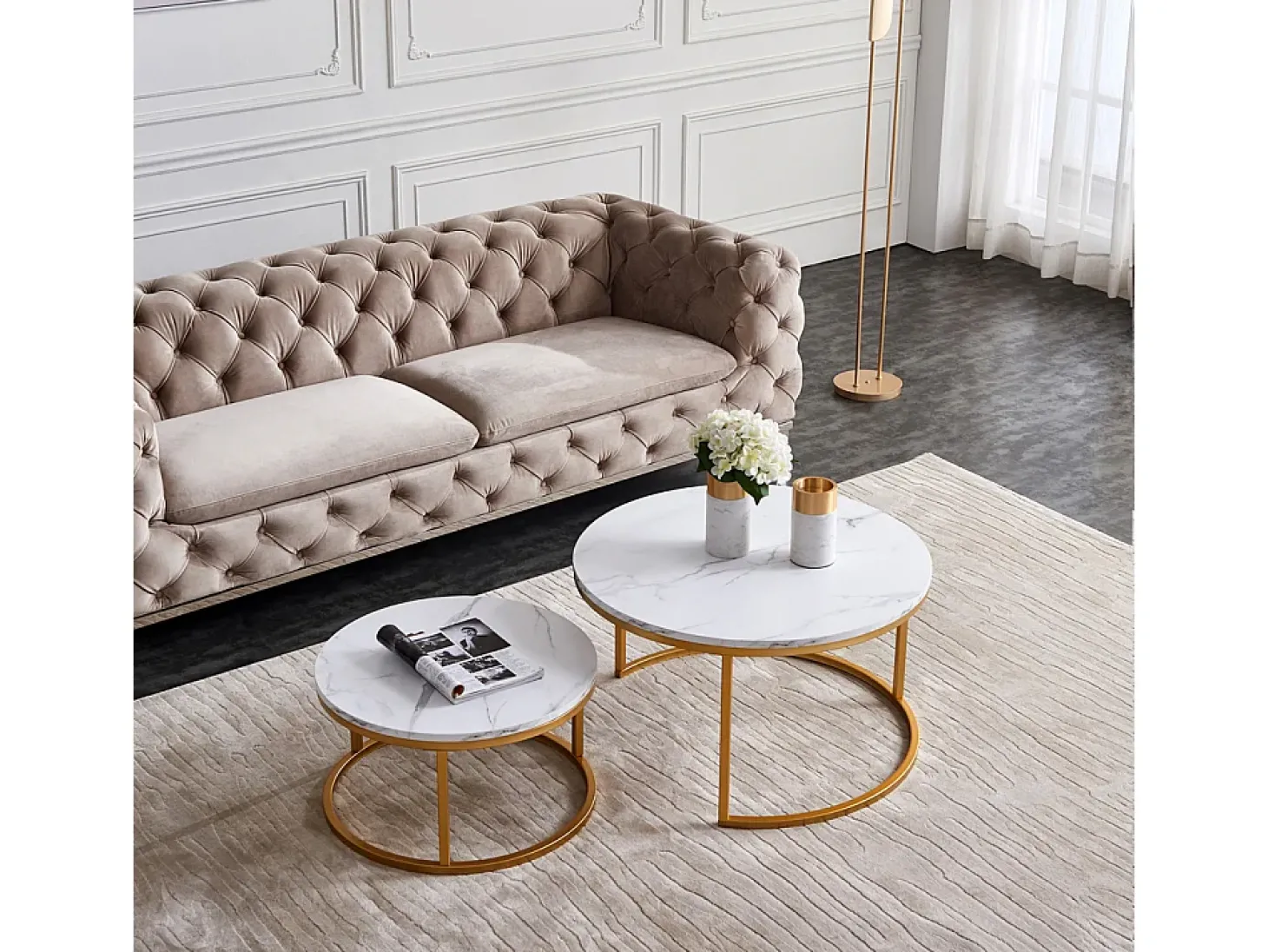 Conjunto de 2 mesas de centro encaixáveis - mármore branco e metal dourado, mesa lateral moderna, para sala de estar e quarto
