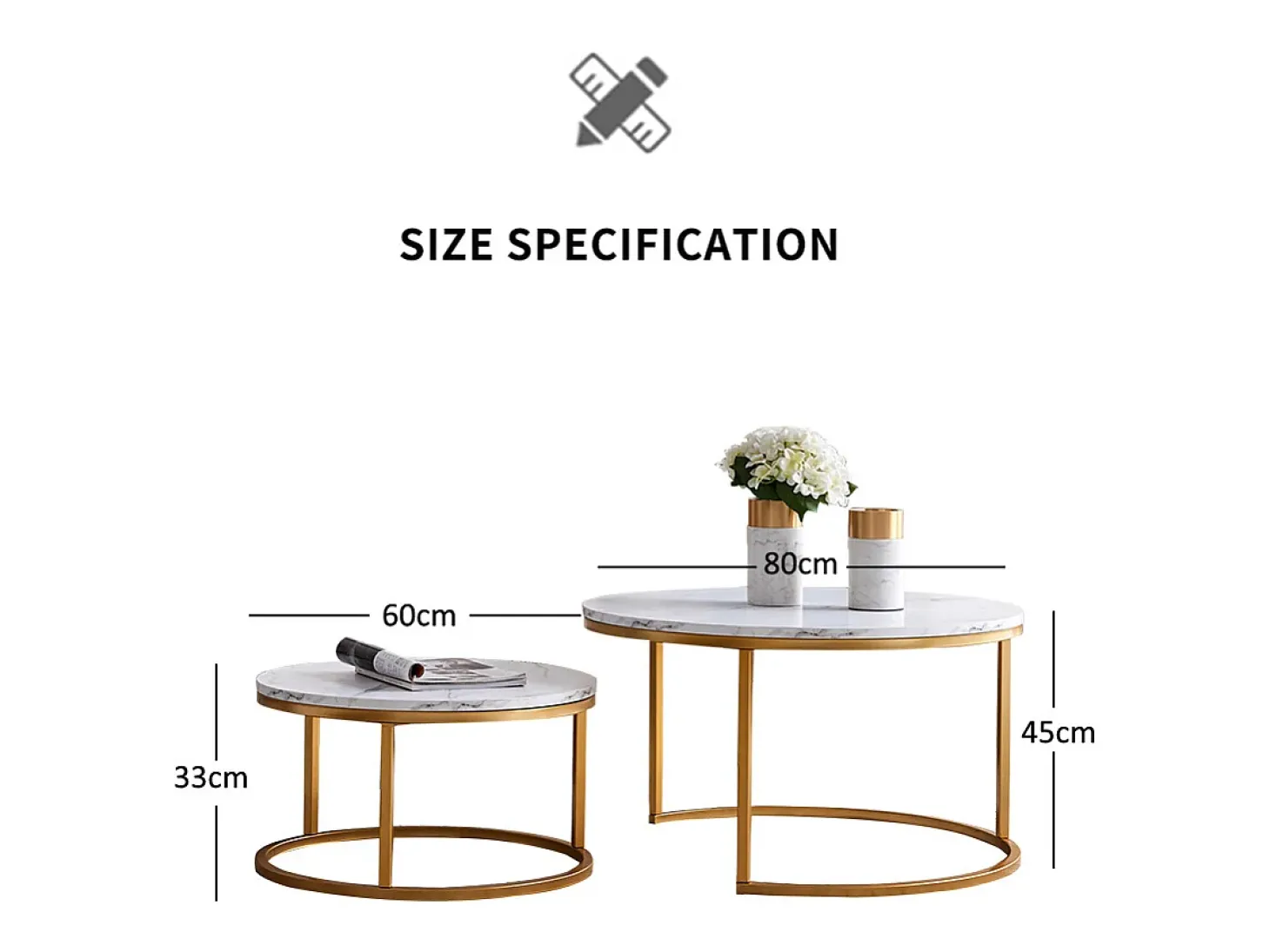 Conjunto de 2 mesas de centro encaixáveis - mármore branco e metal dourado, mesa lateral moderna, para sala de estar e quarto