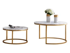 Conjunto de 2 mesas de centro encaixáveis - mármore branco e metal dourado, mesa lateral moderna, para sala de estar e quarto