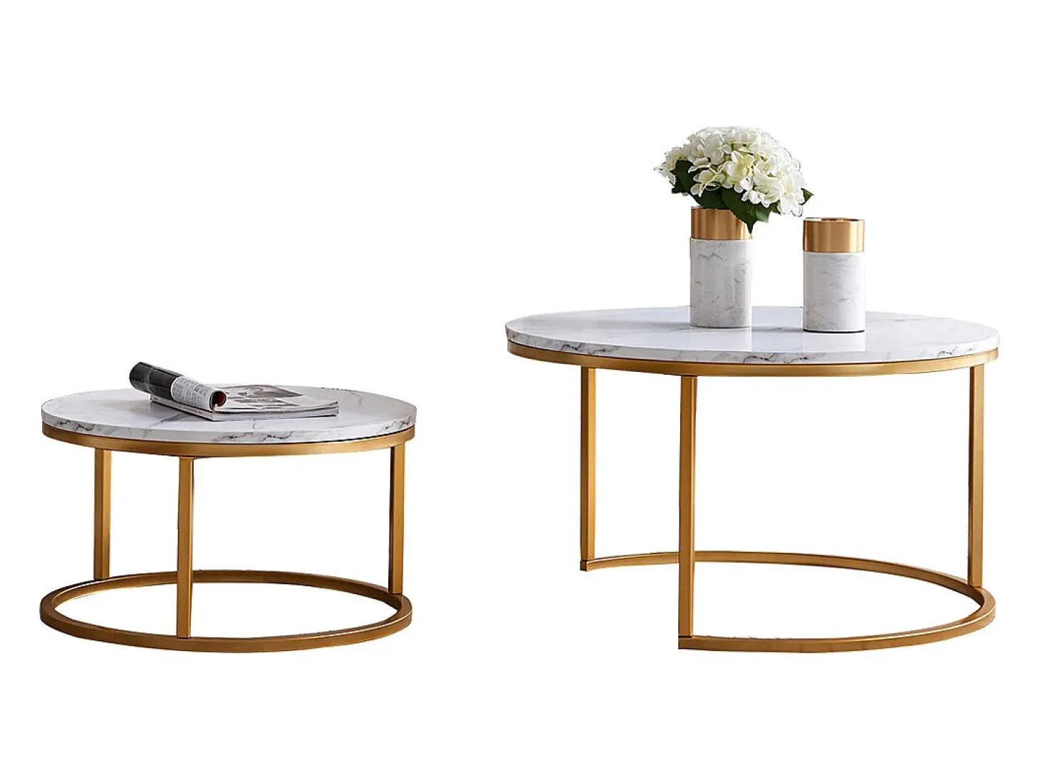 Conjunto de 2 mesas de centro encaixáveis - mármore branco e metal dourado, mesa lateral moderna, para sala de estar e quarto