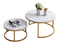 Conjunto de 2 mesas de centro encaixáveis - mármore branco e metal dourado, mesa lateral moderna, para sala de estar e quarto