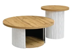 Conjunto de 2 mesas de centro redondas com espaço de arrumação - Riscas verticais brancas - Cor madeira