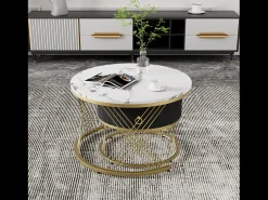 Conjunto de 2 mesas de centro encaixáveis com uma gaveta - Pernas de metal dourado - Tampos padrão mármore - Branco + preto