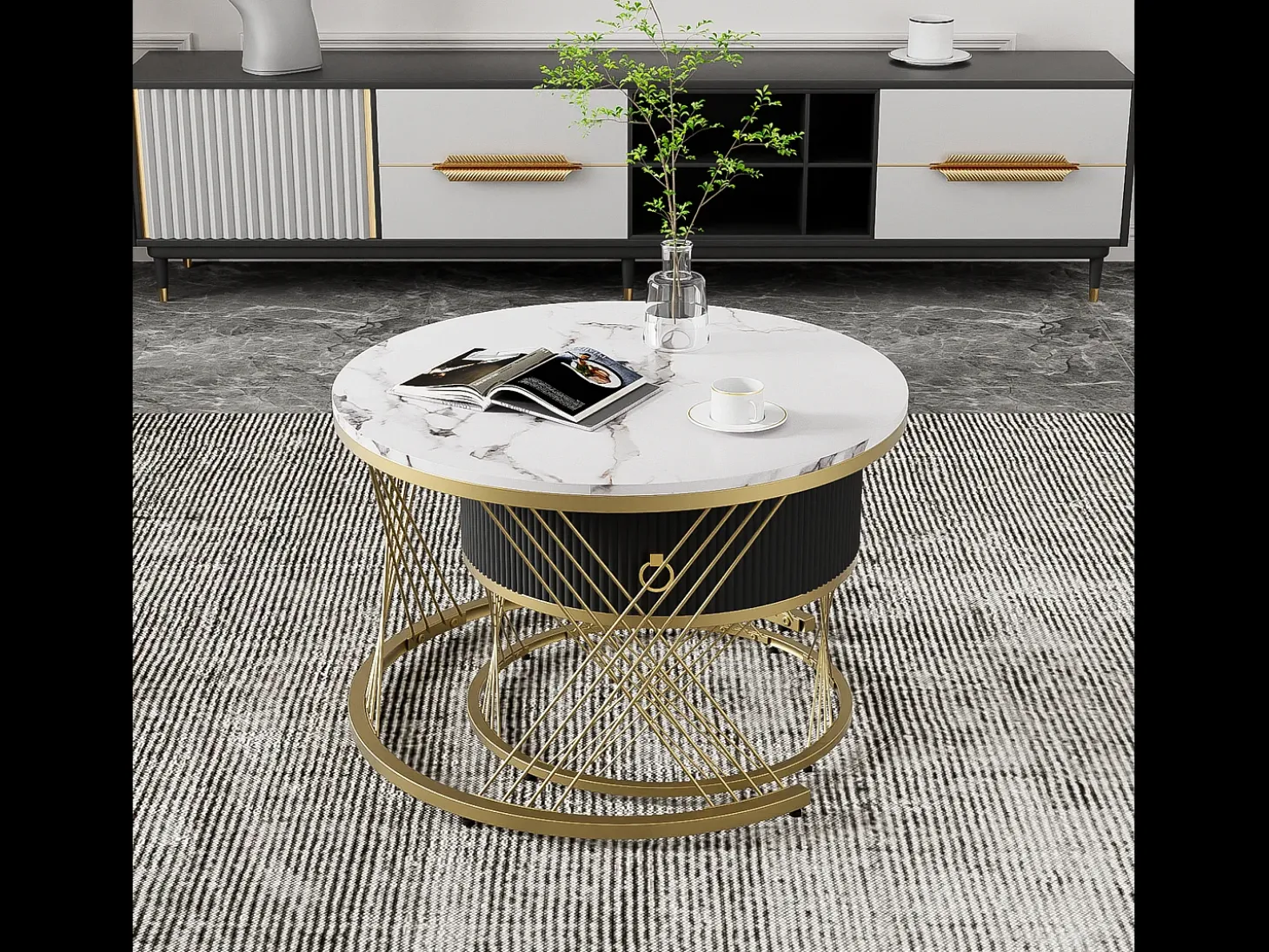 Conjunto de 2 mesas de centro encaixáveis com uma gaveta - Pernas de metal dourado - Tampos padrão mármore - Branco + preto