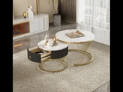 Conjunto de 2 mesas de centro encaixáveis com uma gaveta - Pernas de metal dourado - Tampos padrão mármore - Branco + preto