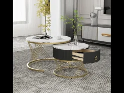 Conjunto de 2 mesas de centro encaixáveis com uma gaveta - Pernas de metal dourado - Tampos padrão mármore - Branco + preto
