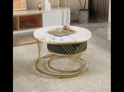 Conjunto de 2 mesas de centro encaixáveis com uma gaveta - Pernas de metal dourado - Tampos padrão mármore - Branco + preto