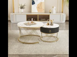 Conjunto de 2 mesas de centro encaixáveis com uma gaveta - Pernas de metal dourado - Tampos padrão mármore - Branco + preto