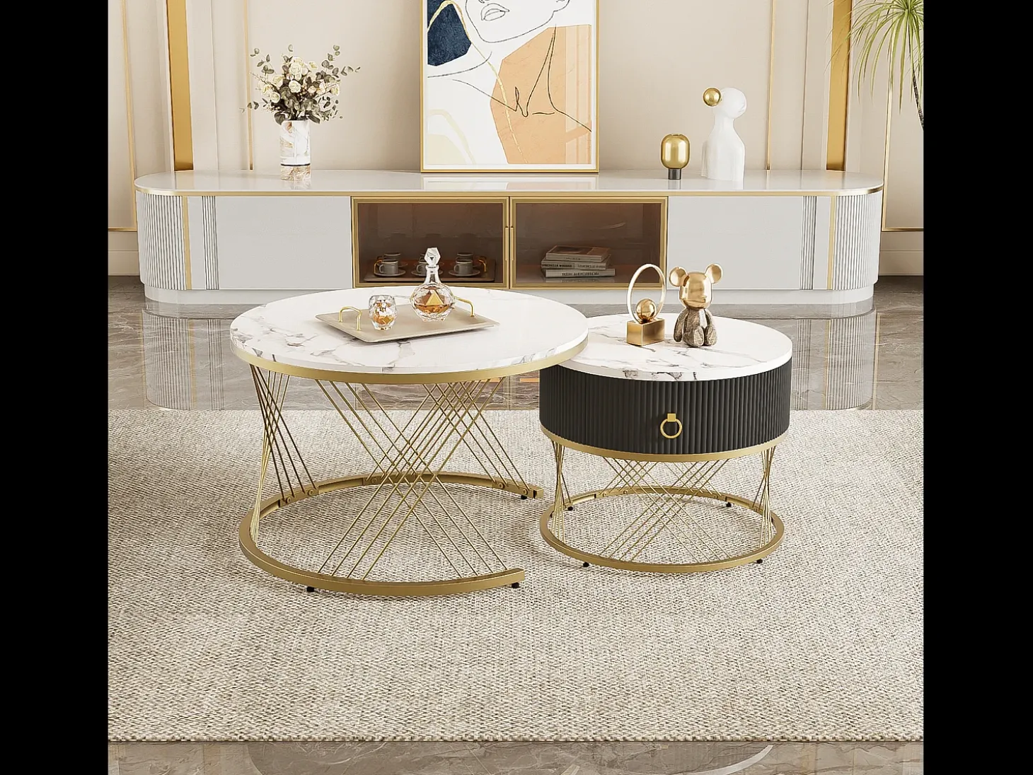 Conjunto de 2 mesas de centro encaixáveis com uma gaveta - Pernas de metal dourado - Tampos padrão mármore - Branco + preto