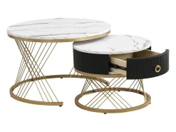 Conjunto de 2 mesas de centro encaixáveis com uma gaveta - Pernas de metal dourado - Tampos padrão mármore - Branco + preto