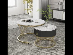 Conjunto de 2 mesas de centro encaixáveis com uma gaveta - Pernas de metal dourado - Tampos padrão mármore - Branco + preto