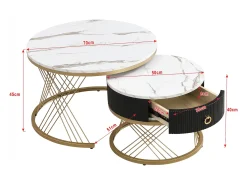 Conjunto de 2 mesas de centro encaixáveis com uma gaveta - Pernas de metal dourado - Tampos padrão mármore - Branco + preto