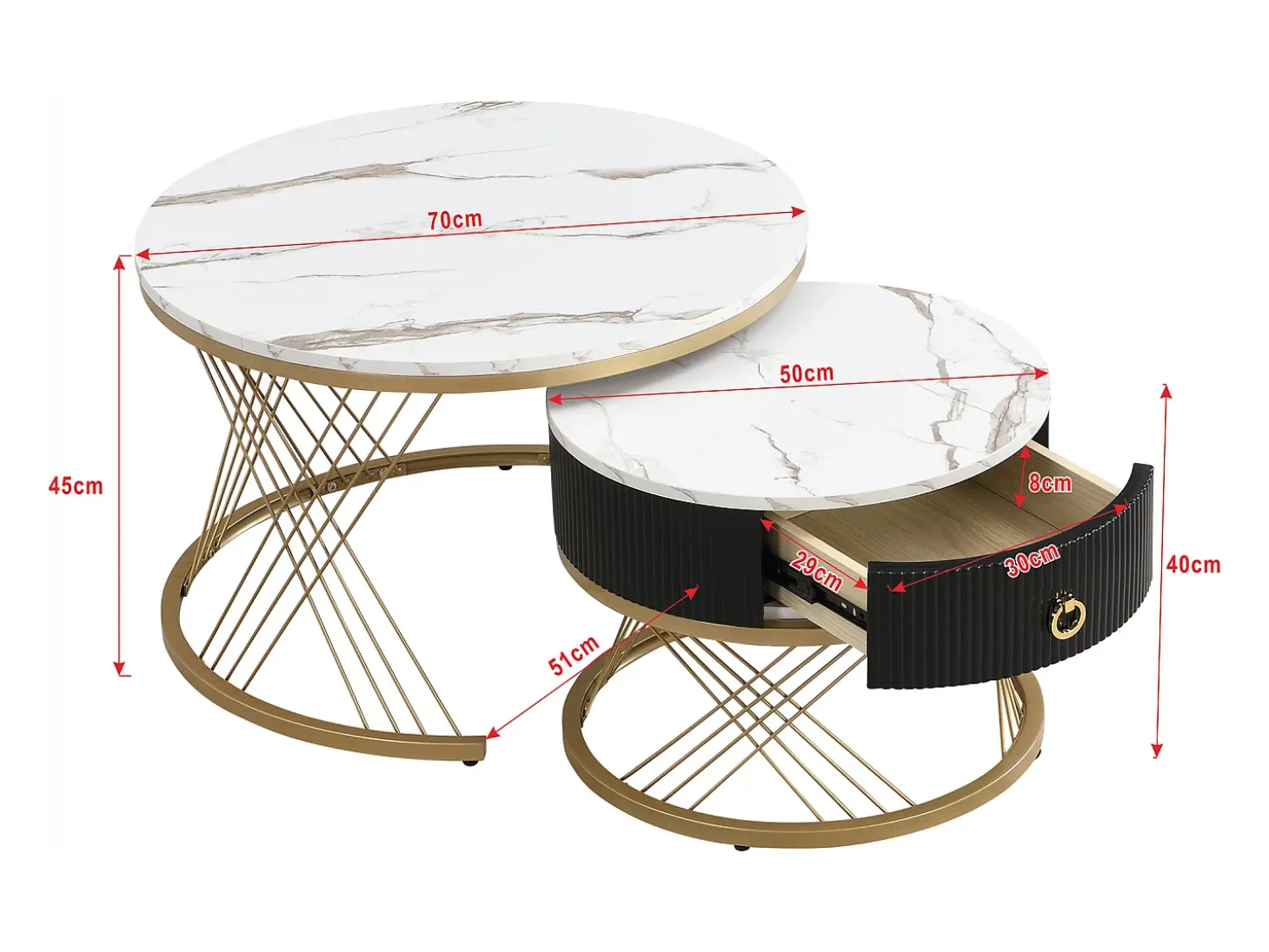 Conjunto de 2 mesas de centro encaixáveis com uma gaveta - Pernas de metal dourado - Tampos padrão mármore - Branco + preto