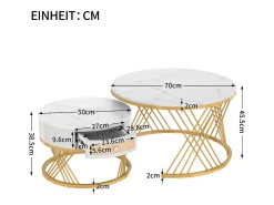 Conjunto de 2 mesas de centro encastradas com gaveta - madeira MDF e metal - tampo padrão mármore - branco
