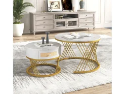 Conjunto de 2 mesas de centro encastradas com gaveta - madeira MDF e metal - tampo padrão mármore - branco