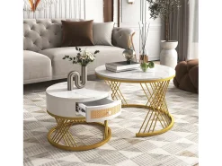 Conjunto de 2 mesas de centro encastradas com gaveta - madeira MDF e metal - tampo padrão mármore - branco