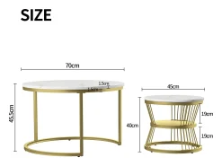 Conjunto de 2 mesas de centro redondas empilháveis com espaço de armazenamento, estrutura metálica, 70/45 cm, douradas.