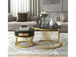 Conjunto de 2 mesas de centro redondas encaixáveis, mesa de apoio com tampo em mármore e gavetas em vime, pernas em ferro dourado - 70x70x45,5+50x50x38,5cm Preto