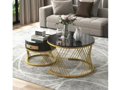 Conjunto de 2 mesas de centro redondas encaixáveis, mesa de apoio com tampo em mármore e gavetas em vime, pernas em ferro dourado - 70x70x45,5+50x50x38,5cm Preto