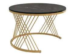 Conjunto de 2 mesas de centro redondas encaixáveis, mesa de apoio com tampo em mármore e gavetas em vime, pernas em ferro dourado - 70x70x45,5+50x50x38,5cm Preto
