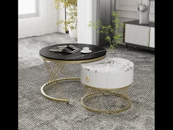 Conjunto de 2 mesas de centro encaixáveis com uma gaveta, mesas redondas - Pernas de metal dourado - Tampos padrão mármore - Preto + branco