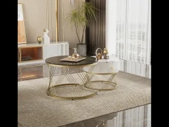 Conjunto de 2 mesas de centro encaixáveis com uma gaveta, mesas redondas - Pernas de metal dourado - Tampos padrão mármore - Preto + branco