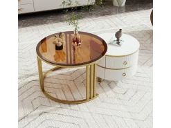 Conjunto de 2 mesas de centro encastráveis com 2 gavetas - Tampo em vidro temperado castanho - Branco