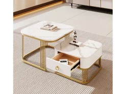 Conjunto de 2 mesas de centro encaixáveis com 1 gaveta, mesa de centro quadrada - tampos em mármore - madeira e metal - branco brilhante