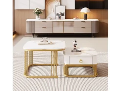 Conjunto de 2 mesas de centro encaixáveis com 1 gaveta, mesa de centro quadrada - tampos em mármore - madeira e metal - branco brilhante