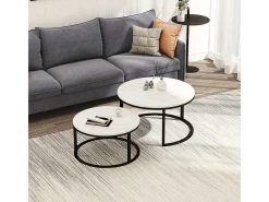 Conjunto de 2 mesas de centro encaixáveis - mármore branco e metal preto, mesa lateral moderna e redonda para sala de estar e quarto