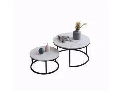 Conjunto de 2 mesas de centro encaixáveis - mármore branco e metal preto, mesa lateral moderna e redonda para sala de estar e quarto