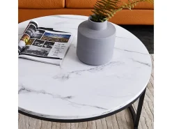 Conjunto de 2 mesas de centro encaixáveis - mármore branco e metal preto, mesa lateral moderna e redonda para sala de estar e quarto