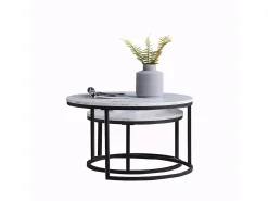 Conjunto de 2 mesas de centro encaixáveis - mármore branco e metal preto, mesa lateral moderna e redonda para sala de estar e quarto