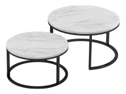 Conjunto de 2 mesas de centro encaixáveis - mármore branco e metal preto, mesa lateral moderna e redonda para sala de estar e quarto