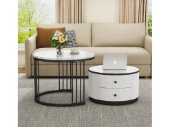 Conjunto de 2 mesas de centro encaixáveis com 2 gavetas - 60 x 60 x 45,5 cm + 50 x 50 x 32 cm - Aspecto de mármore brilhante - MDF - Preto e branco