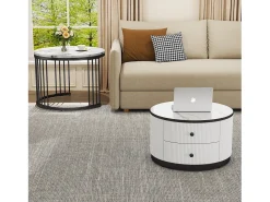 Conjunto de 2 mesas de centro encaixáveis com 2 gavetas - 60 x 60 x 45,5 cm + 50 x 50 x 32 cm - Aspecto de mármore brilhante - MDF - Preto e branco