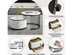 Conjunto de 2 mesas de centro encaixáveis com 2 gavetas - 60 x 60 x 45,5 cm + 50 x 50 x 32 cm - Aspecto de mármore brilhante - MDF - Preto e branco