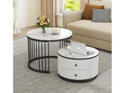 Conjunto de 2 mesas de centro encaixáveis com 2 gavetas - 60 x 60 x 45,5 cm + 50 x 50 x 32 cm - Aspecto de mármore brilhante - MDF - Preto e branco