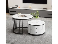 Conjunto de 2 mesas de centro encaixáveis com 2 gavetas - 60 x 60 x 45,5 cm + 50 x 50 x 32 cm - Aspecto de mármore brilhante - MDF - Preto e branco