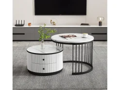 Conjunto de 2 mesas de centro encaixáveis com 2 gavetas - 60 x 60 x 45,5 cm + 50 x 50 x 32 cm - Aspecto de mármore brilhante - MDF - Preto e branco